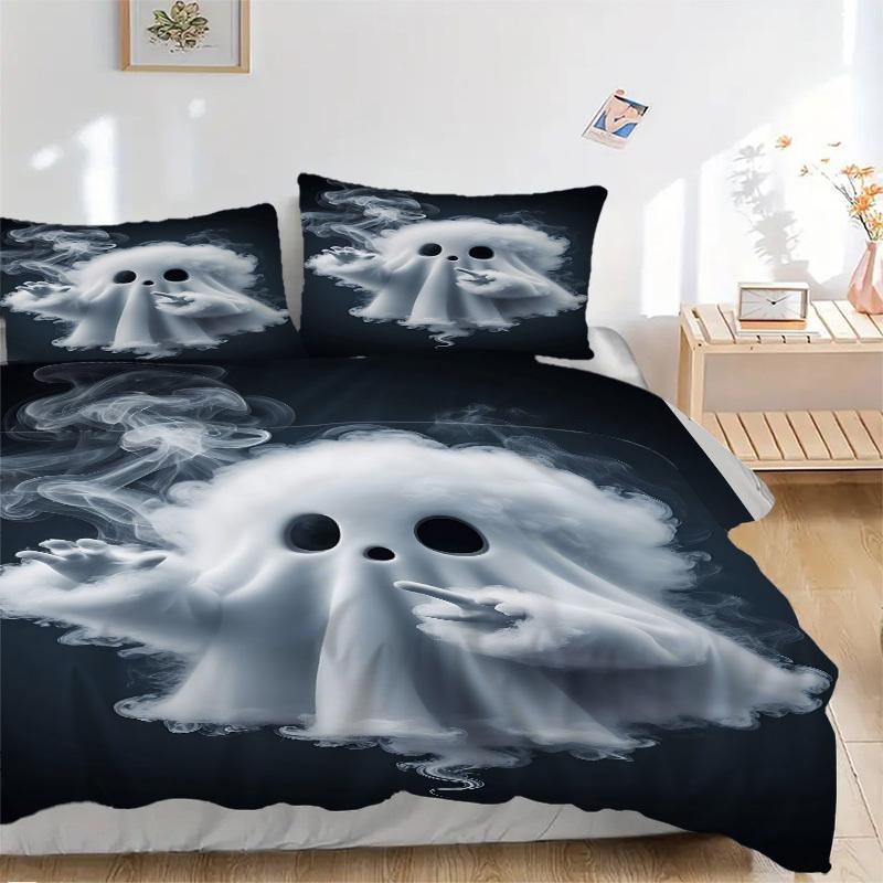 

3pcs Ghost, Smoke Bedding Set - 1 Duvet Cover + 2 Pillowcases(Core Not Included), Machine Washable Polyester, All-Season Comfort, Bedroom De 135x200cm