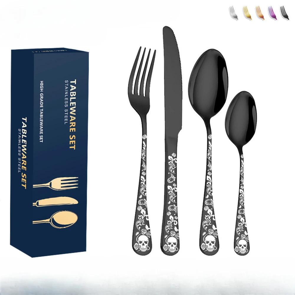 Halloween Gifts Trendy Skull Stainless Steel Tableware Set Fork and Spoon 4-piece Set Portable Kitchen Forks And