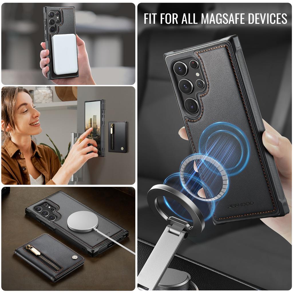 For Samsung Galaxy S22 Ultra 5G Case JEEHOOD J12 Magnetic Detachable Zipper Wallet Kickstand Leather Back Cover Magnetic Case