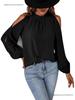 European Autumn/Winter Women's Off-Shoulder Top - Solid Color, Ruffle, Half-High Collar, Long Sleeve.