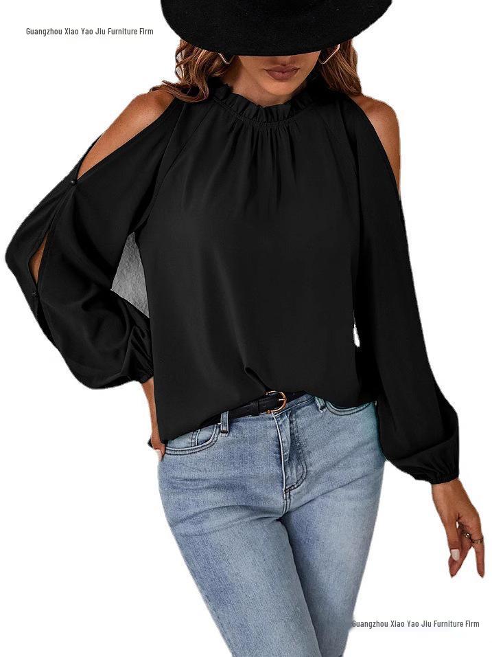 European Autumn/Winter Women's Off-Shoulder Top - Solid Color, Ruffle, Half-High Collar, Long Sleeve.
