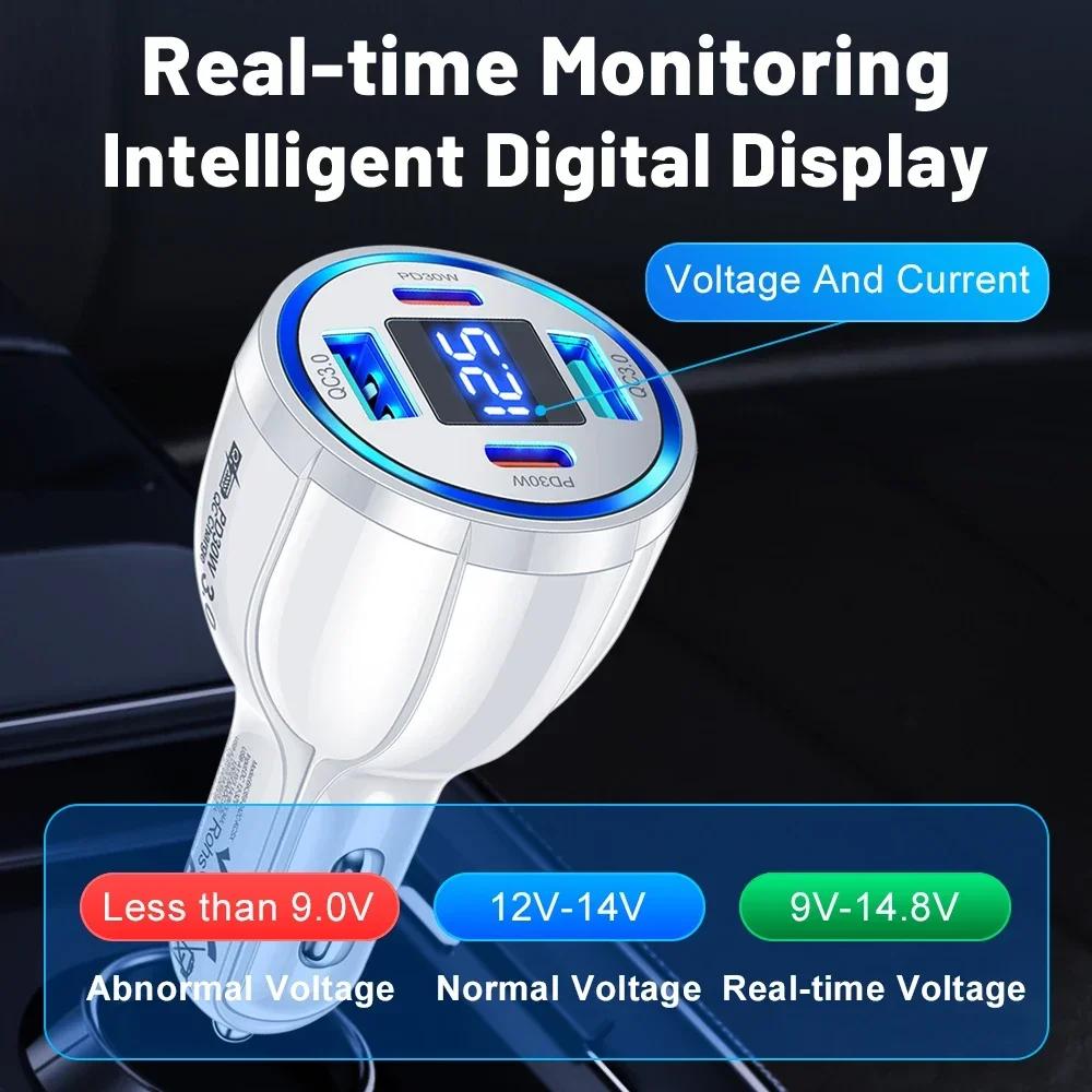 100W Car Charger 4 USB Ports Fast Charging with Digital Display Quick Charging Adapter for iPhone Samsung Xiaomi Type C Charger