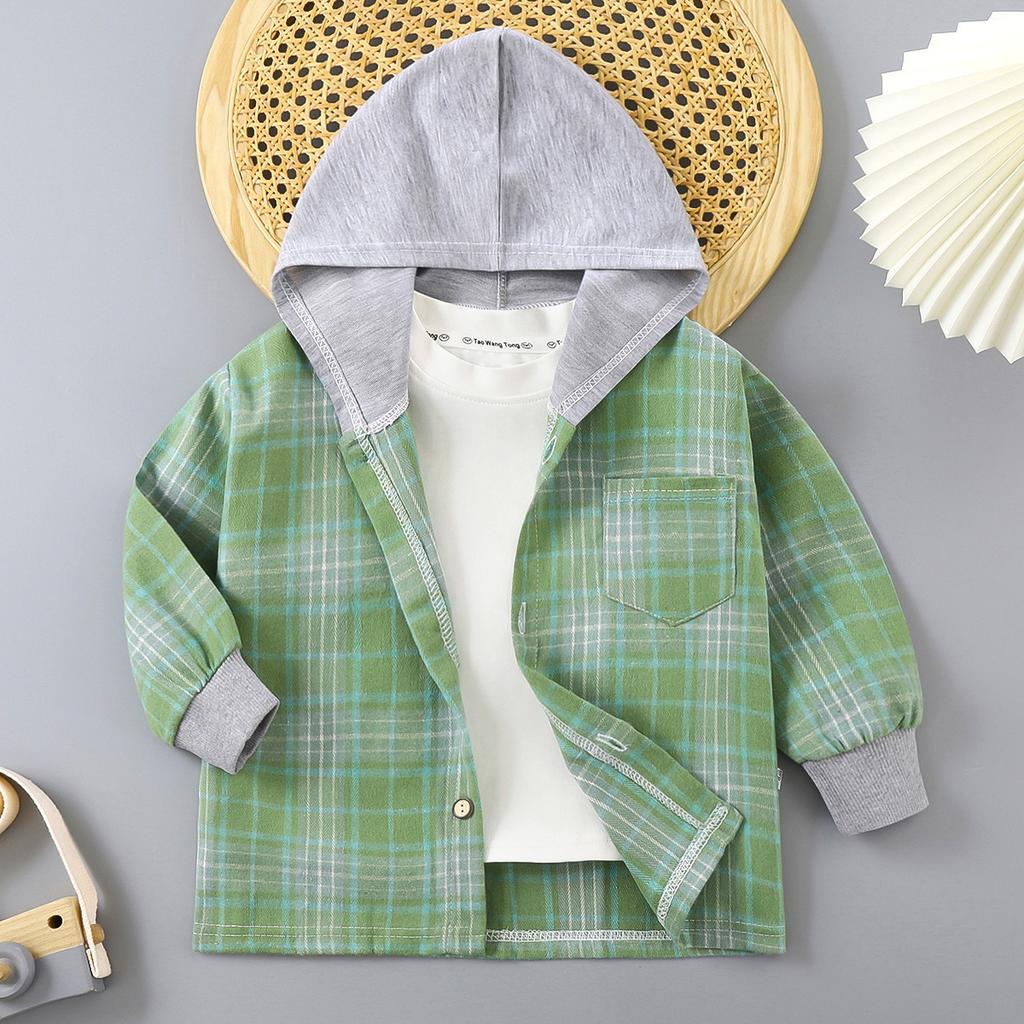 Children's Long-sleeved Shirts Plaid Baby Spring and Autumn Tops Small and Medium-sized Children's Cardigans Children's Spring Autumn Hooded Jackets