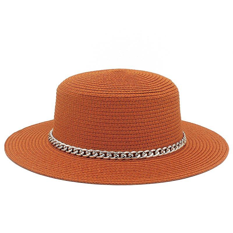 Spring and summer women's travel sunscreen straw hat fashion chain solid color beach British style jazz hat Hats