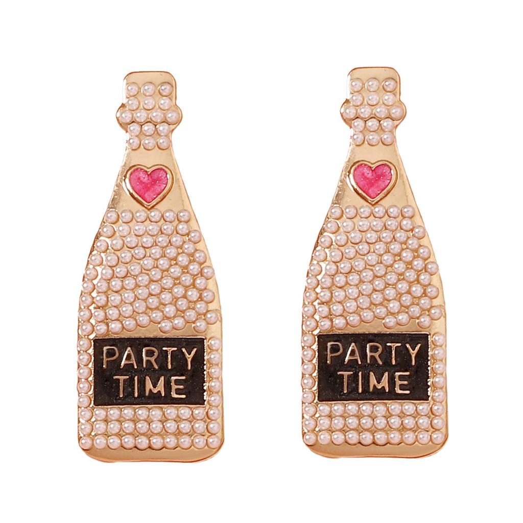 European and American New Fashion Personalized Small Fragrant Wind Geometric Wine Bottle Alloy Dripping Oil Love Diamond Pearl Earrings