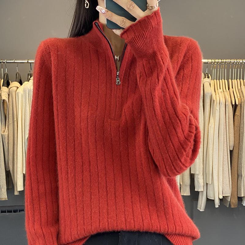 Women's Heavy-Duty Half-Zip Cable Knit Wool Sweater - Warm, Thickened Stand Collar for Autumn & Winter