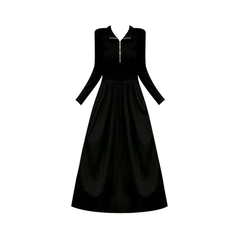 Hepburn black dress women's autumn new long-sleeved waist thin small black dress high-end round neck long dress