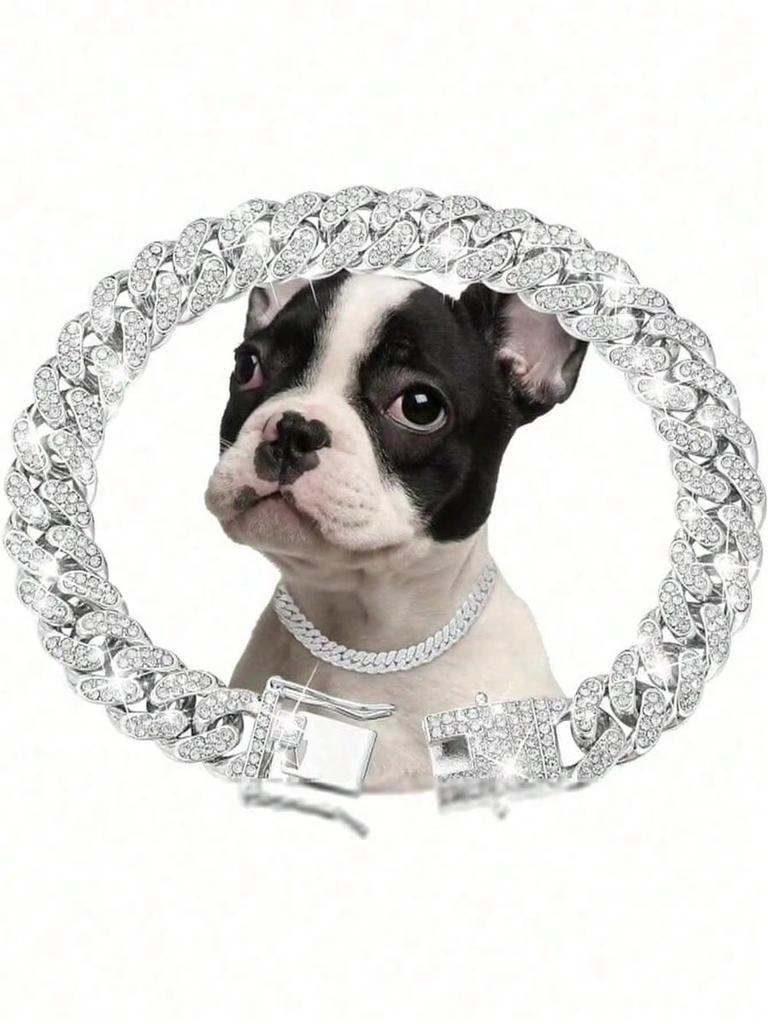 Single Hip Hop Cuban Link Pet Collar, Alloy Dog Necklace Inlaid with Faux Diamonds, Stylish Daily Pet Accessory