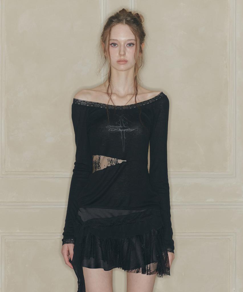 PAINORPLEASURE Lace Boatneck Top Black