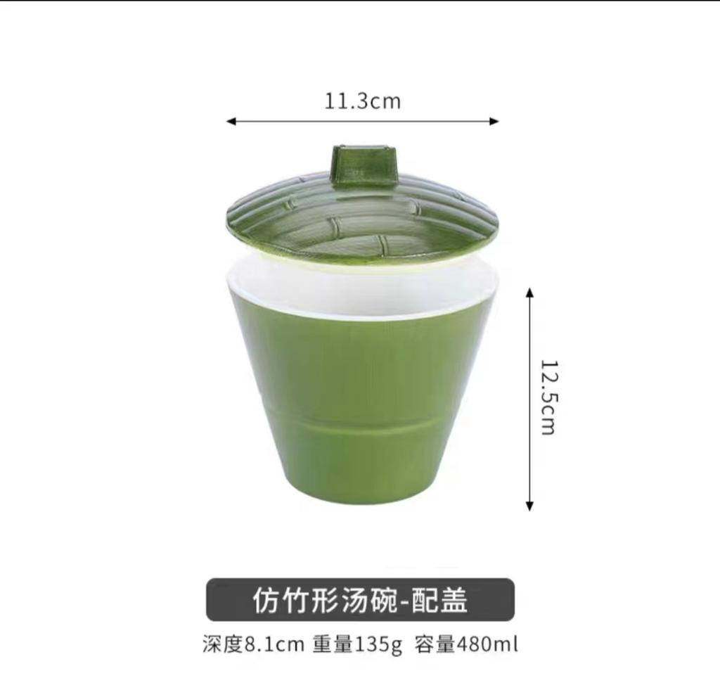 Plastic Imitation Bamboo Dining Plate Bamboo Tube Plate with Lid Green Dessert Plates Dim Sum Dish Serving Plates Fruit Bowl