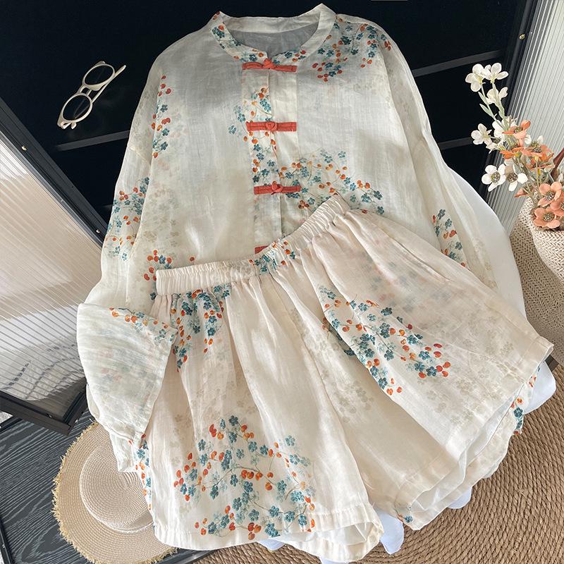 New Spring/Summer Lightweight Ramie Artistic Print Chinese-Style Casual Suit Set M