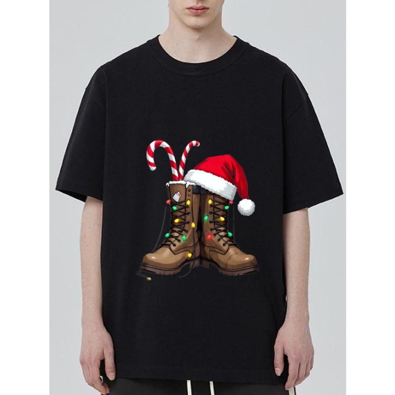 

Christmas Boots T Shirt Black Santa Hat and Candy Cane Print Holiday Party Casual Wear XXXXL