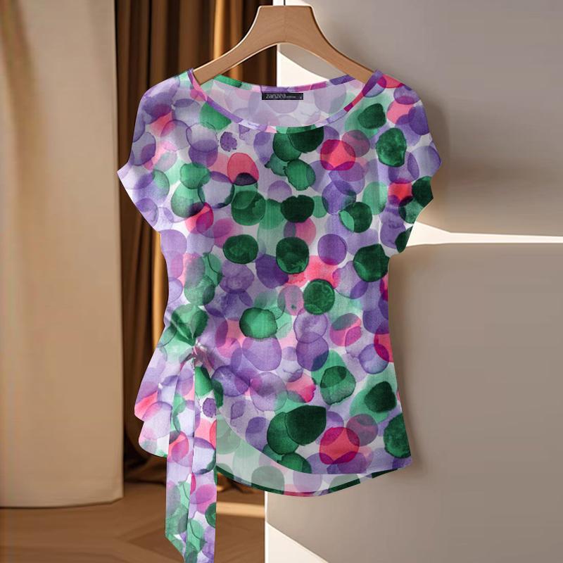 

ZANZEA Женская повседневная блузка с круглым вырезом и коротким рукавом с принтом 5XL фиолетовый
