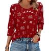 Women's Fashion Casual 3/4 Christmas Print Color Shirt Women's Round Neck Tops