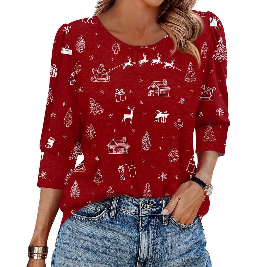 Women's Fashion Casual 3/4 Christmas Print Color Shirt Women's Round Neck Tops