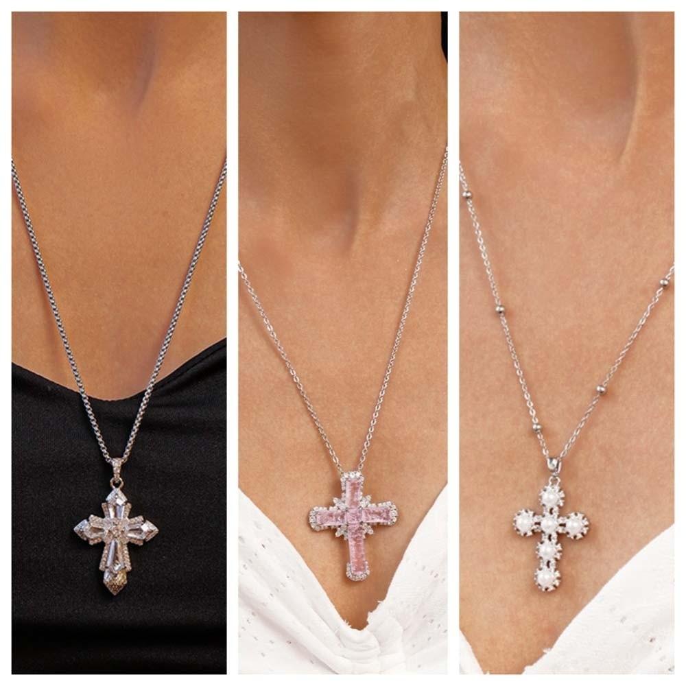 Jewelry Cross Necklace Rhinestone Cross Pendant European American Cross Choker Chain  Girls