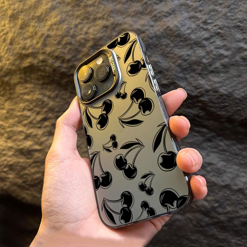 Cute Black Cherry Pattern Matte Laser Phone Case For iPhone 15 Pro Max Case iPhone 16 14 13 12 11 XS X 7 8 Plus Shockproof Cover