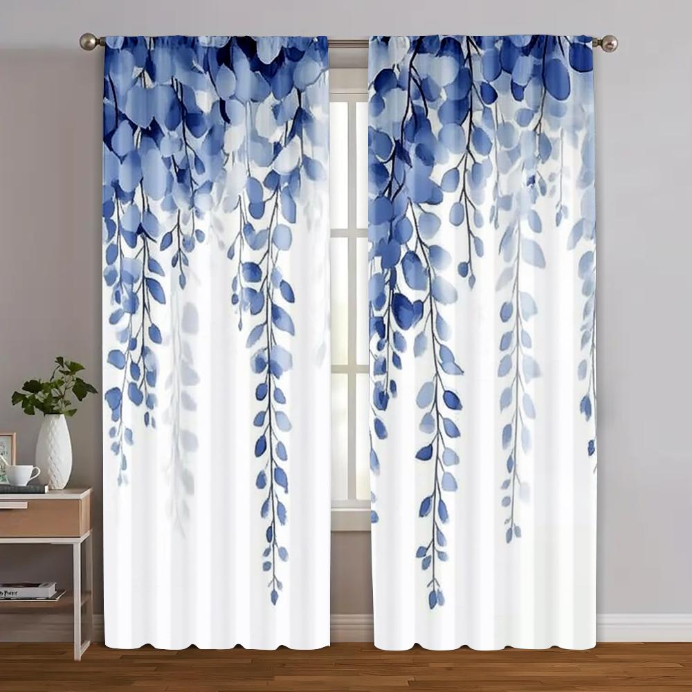 2pcs   Curtains&Window Treatment  Print Blue Leaf Pattern Versatile Fabric (without Rod) Versatile All Use for Living Room