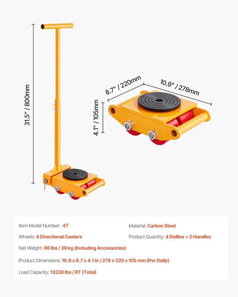 Carrello per Macchinari 13228 lbs 6T Carrello Dolly per Macchinari con Maniglia Rotazione 360°