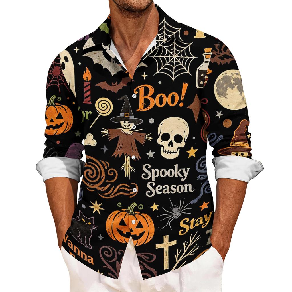 Men's Casual Long Sleeve Shirt with Halloween Print Relaxed Fit Button Down Top for Everyday and Festive Occasions