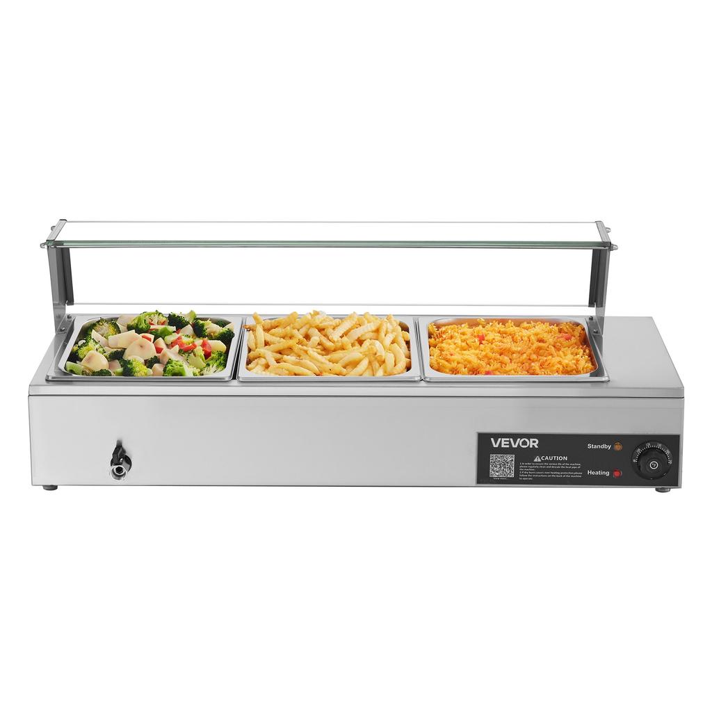 VEVOR Commercial Food Warmer, 1500W Electric Stainless Steel Steam Food Warmer with Glass Cover