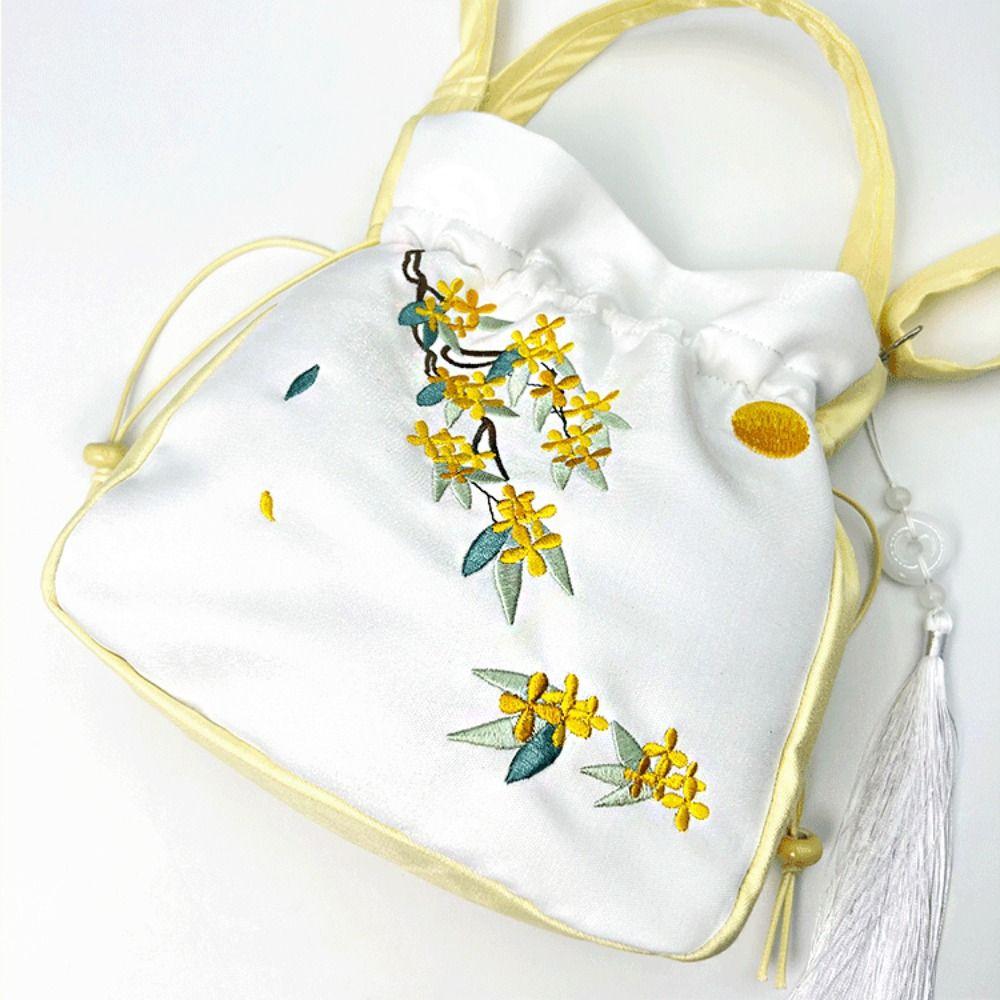 Ethnic Embroidery Drawstring Bag Silk Satin Shoulder Bag Chinese Ancient Crossbody Bag