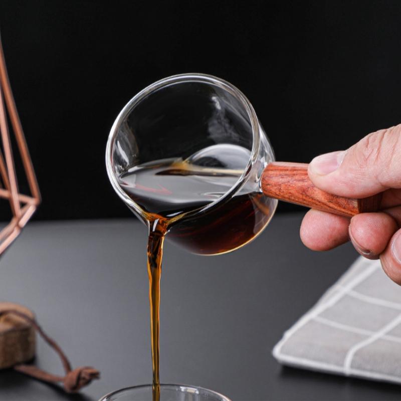 50/100ml Wooden Handle with Scale Glass Coffee Measuring Cup Espresso Milk Latte Transparent Single Mouth Kitchen Coffee Mug