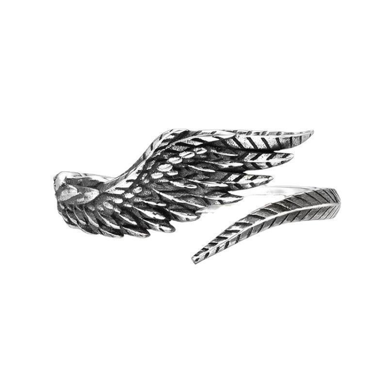 Unisex Retro Thai Silver Angel Wings Feather Ring