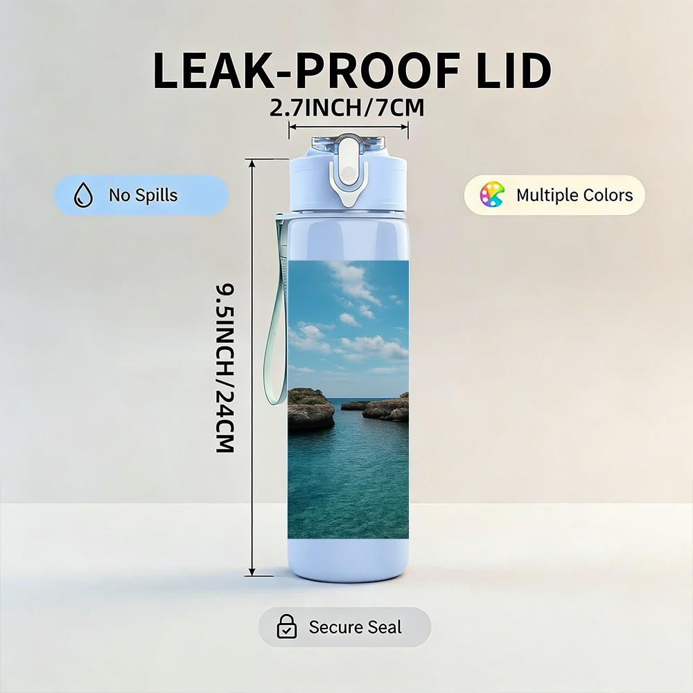 1PC Sea Cliff Blue Ocean Landscape Print 750ml Color Plastic Sports Water Bottle Leakproof Flip Straw Lid Suitable for Sports Office Home Use