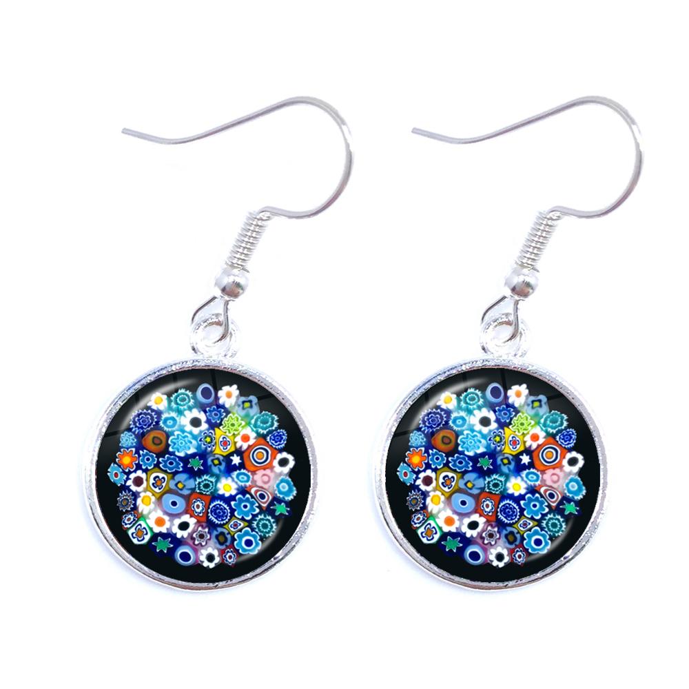 Murano Millefiori Drop Earrings MultiColour Flower 16mm Glass Cabochon Earring Jewelry For Women Girls Gift