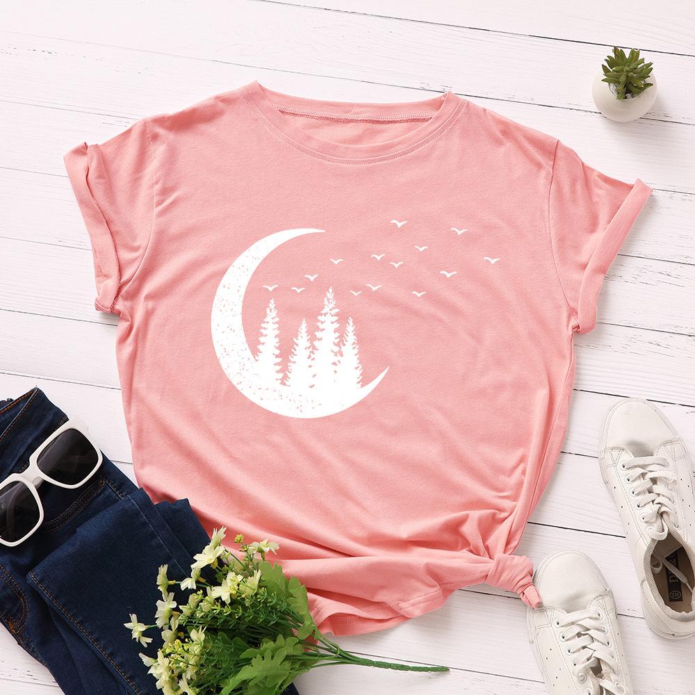 Starry Sky Moon Forest Pattern Cotton Loose Round Neck Short Sleeve Women's T-shirts
