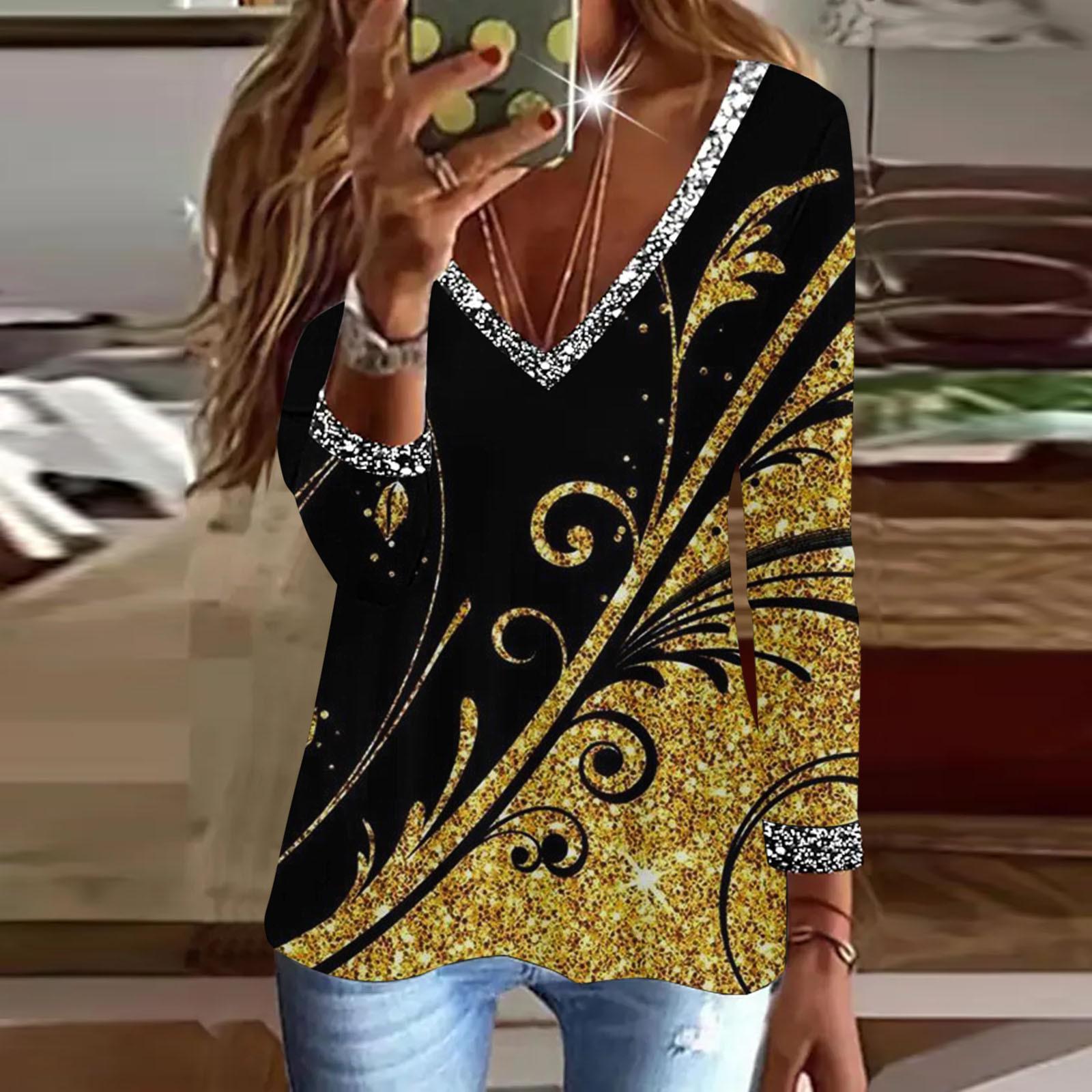 

Модні жіночі блузки з блискітками Осінній одяг Повсякденні топи з довгими рукавами Жіночі сорочки з 3d-принтом Вільні туніки Футболки Пуловери Блузки 6XL