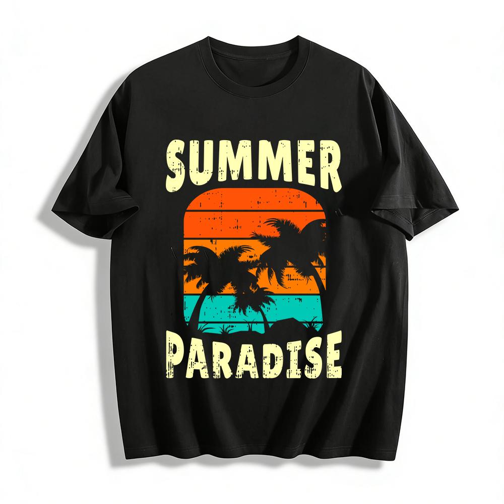 Vintage Summer Paradise Coconut Tree Sunset Print Casual T-Shirt Pure cotton T-shirt XXS