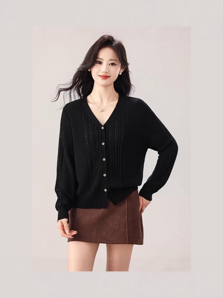 Plus Size Women's Korean Style Ice Silk Knit Cardigan - Single-Breasted, Long Sleeve, Thin Crochet Casual Outerwear