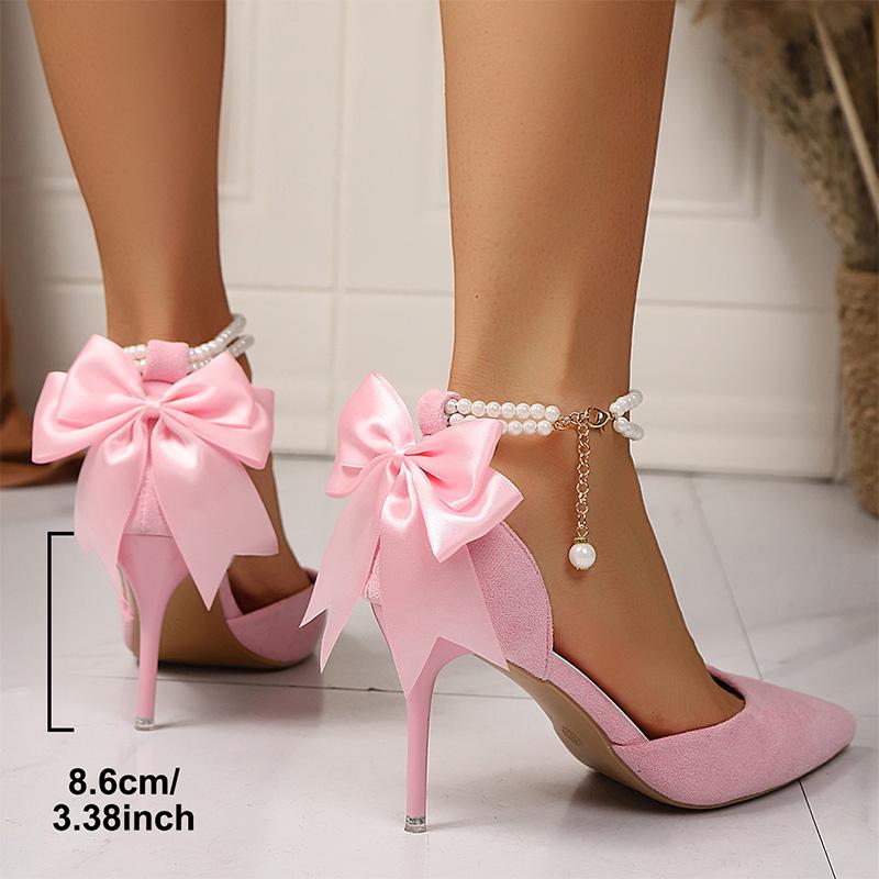 Fashion Elegant Pink High Heels Sandals for Women Bowtie Decor Pointed Toe Party Sandals Woman Pearl Ankle Buckle Thin Heeled Sandals