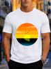2026 New 100 Cotton Tshirt Retro Gradient Sunset Ocean Seagull Circular Landscape Print Unisexs Casual Tee Casual Short Sleeve