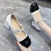 New French High Heels Women's Patchwork Fashion Mary Jane Shoes Vintage Square Toe Jk Pu Leather Ladies Shoes