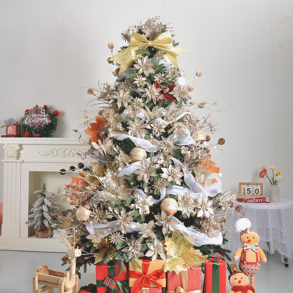 Champagne Gold Butterfly Poinsettia Glitter Flowers, 12-Piece Christmas Tree & Wreath Decoration Set