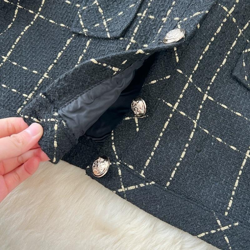 Tvådelade Set Damkläder Klänningsdräkt Nedvikt Krage Långärmad Croppjackor Tunika Tweed Rutiga Klänningar Set