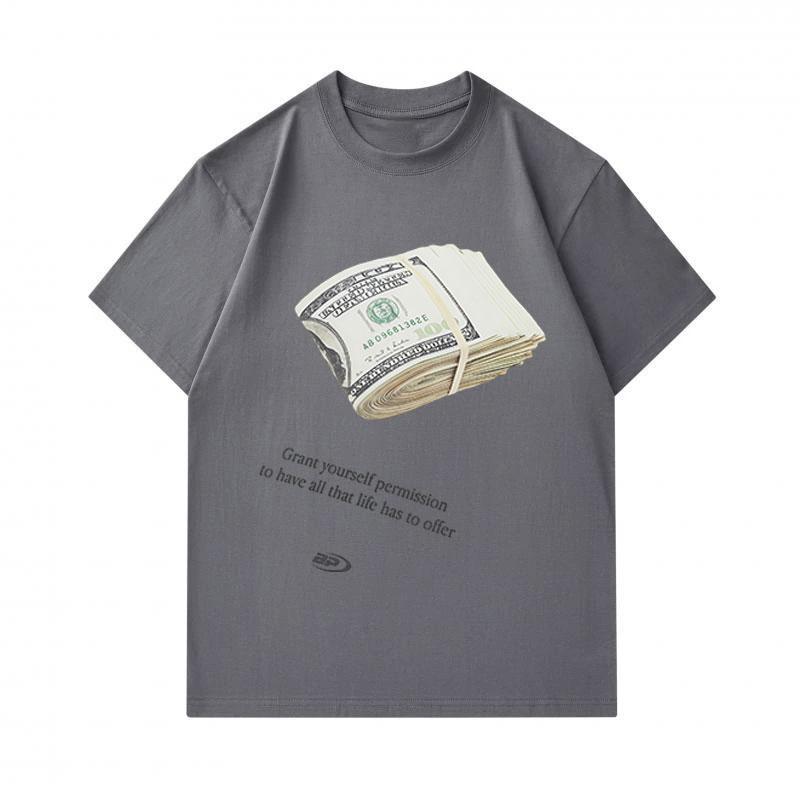 100% Cotton Men's Crew Neck Short Sleeve T-Shirt, Stacked Dollars Pattern Print, Grant Yourself Permission Graphic Casual Comfortable Tee for Daily We