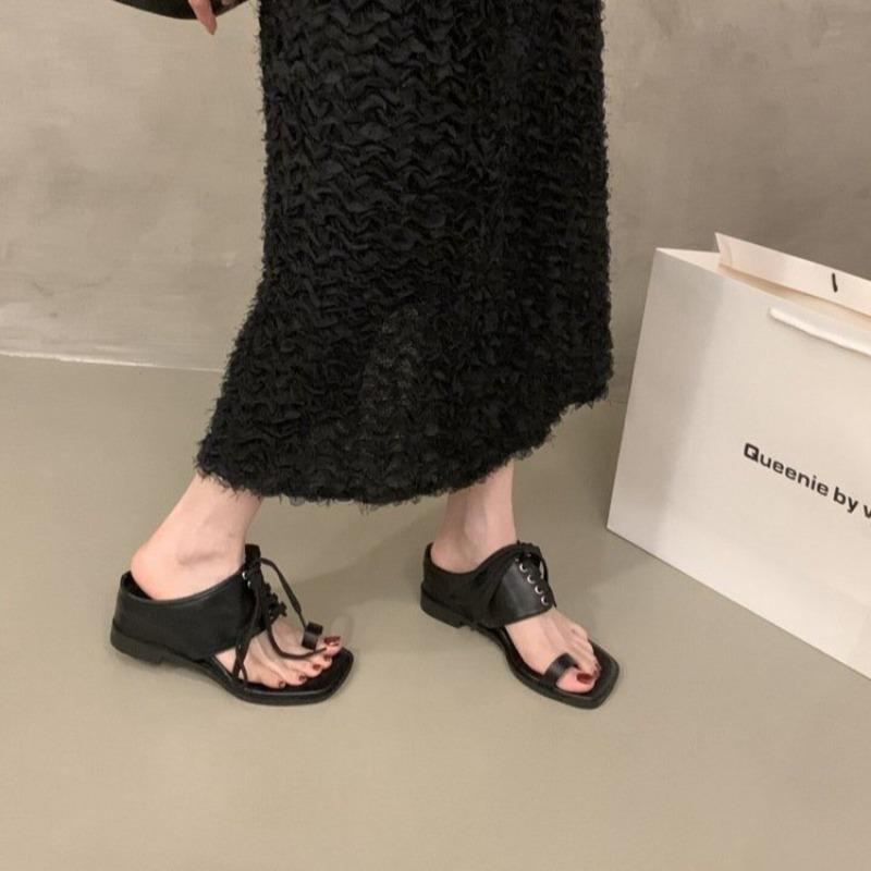 Summer new niche lace-up cover toe thick-soled thick-soled cool slippers retro style round head thick heel toe sandals 40 чёрный