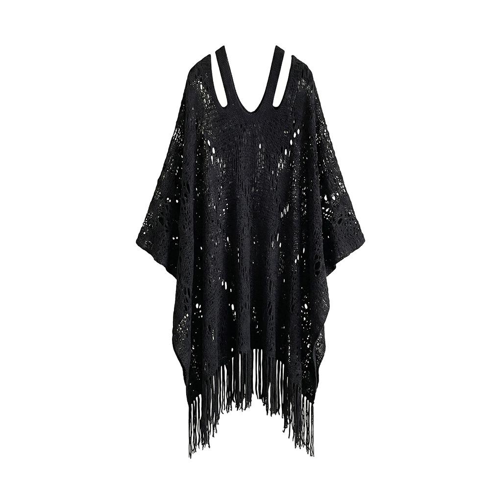 

Plus Size Knit Hollow Out Top Sun Protection Summer Beach Cloak Simple Bohemian Shawl Women чёрный