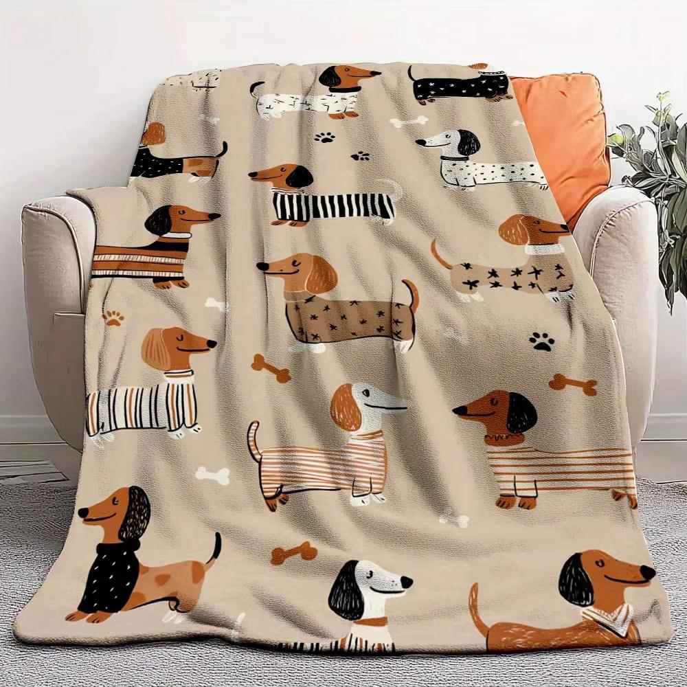 Dachshund Print Flannel Throw Blanket  Brown Black White All Seasons Home Travel Comfort Decor