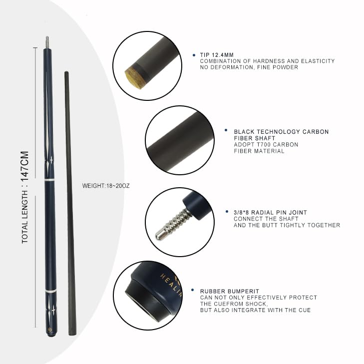 KHEALING Billiard Cue Carbon Playcue with Pig Skin Head and Resin Made of 700 Carbon Suitable for Black Eight and Black Nine Includes Storage Case 1/2
