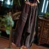 Johnature Women Vintage Patchwork Color Wide Leg Pants Elastic Waist Pockets Trousers Autumn Loose Pants