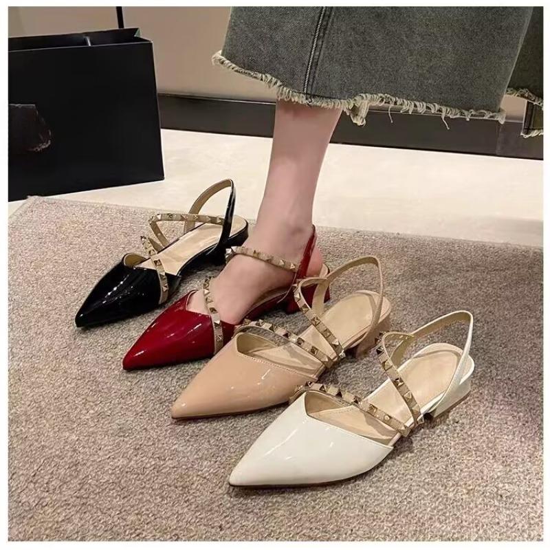 Fashion Rivet Nude Toe Sandals, Summer Thick-heeled Patent Leather Pointed Toe Single Shoes, Large-sized Women's Shoes