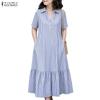 Women Casual Turn Down Collar Loose Short Sleeve Stripe Shirt Dress