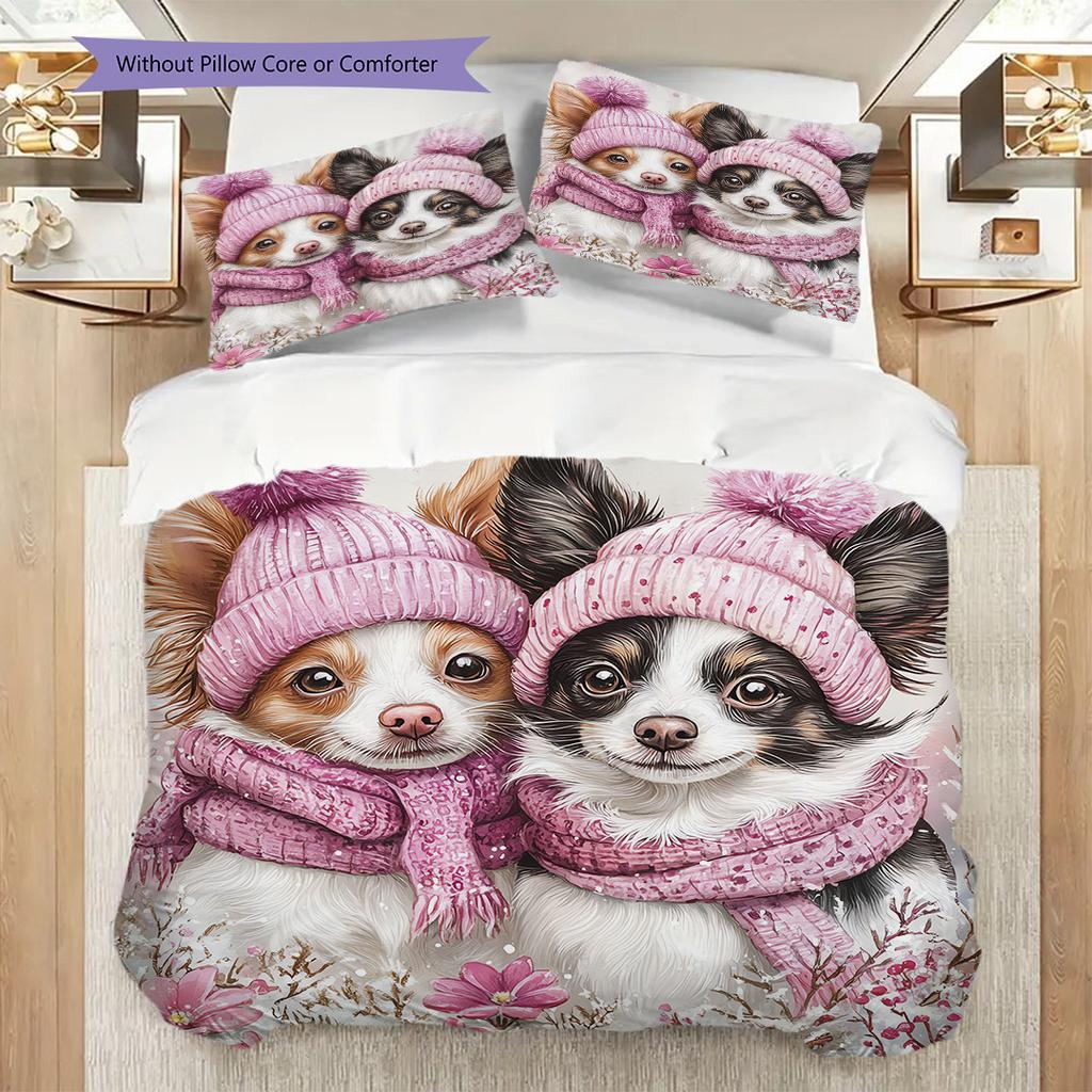Sheep and Puppies Pattern Bedding Quilt Set Quilt Cover Pillowcase Home Decoration Birthday Gift (1 * Duvet Cover + 2 * Pillowcase, Without Core)