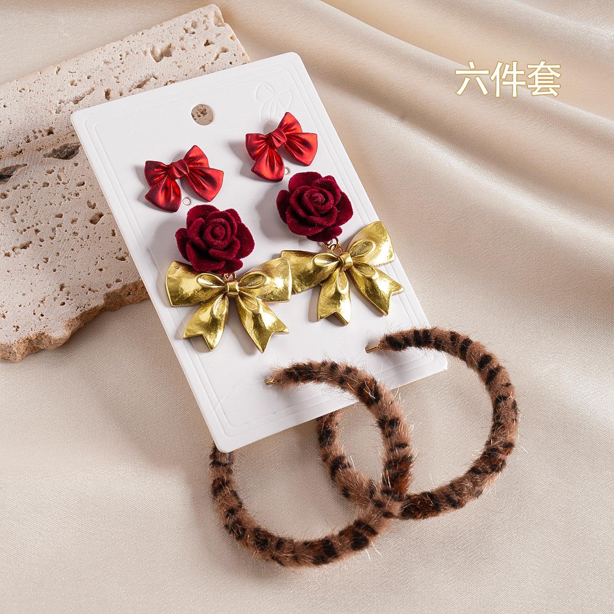 

Six-piece flocking flower bow geometric round silver needle earrings autumn and winter fashion earrings