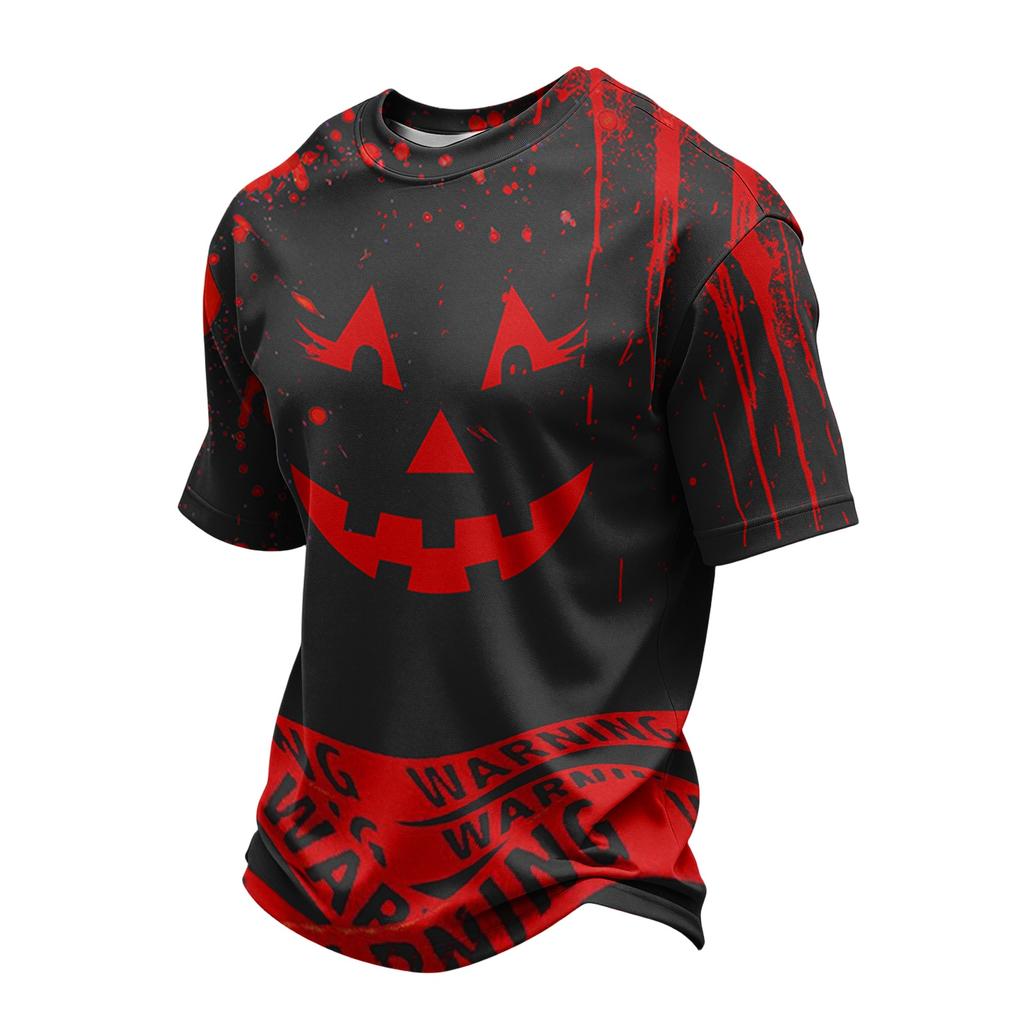 Men's Lightweight Crew Neck Quick Dry Mesh Breathable Short Sleeve Shirt with Halloween Pumpkin Print for Casual Wear